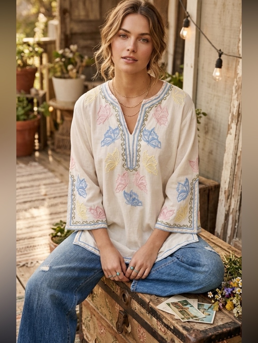 Vintage 70s Daisy Creations Butterfly Embroidered Boho Peasant Tunic Top Sz 12